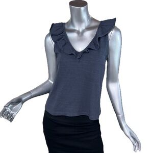 LOFT Women’s Small Blue Grey Cotton V Neck Ruffle Tank Top Blouse